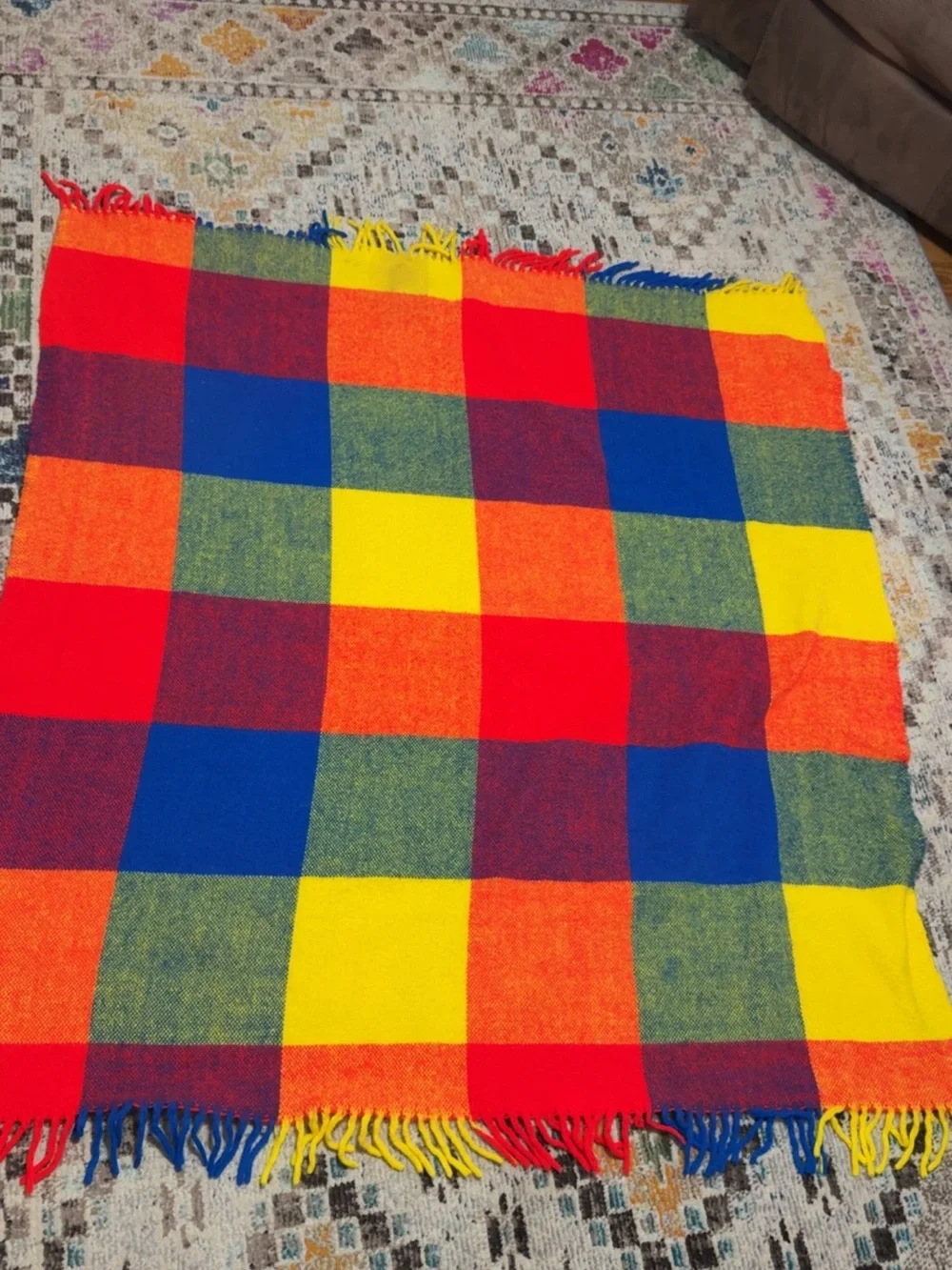 Rainbow Checkered Fringe Wool Blanket